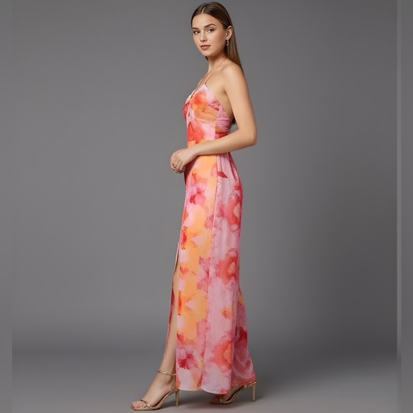 Chiffon Tie Dye Split Thigh Wide Leg Jumpsuit - Picture 3 of 11